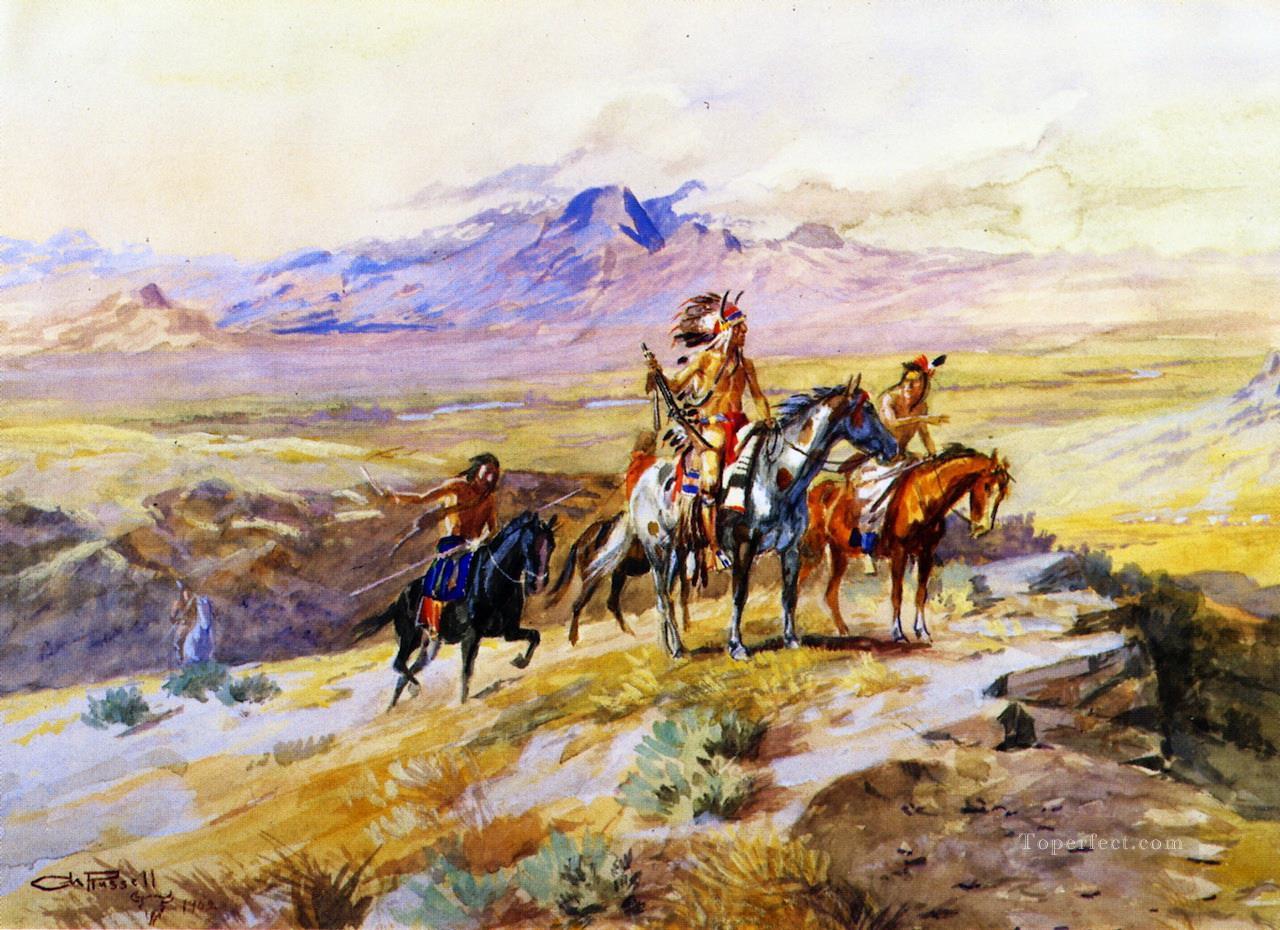 Indiens découvrant un train de wagons 1902 Charles Marion Russell Indiens d’Amérique Peintures à l'huile